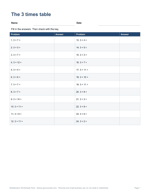 Preview of the first page of 3 times table