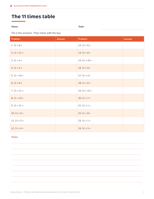 Preview of 11 Times Table Worksheet