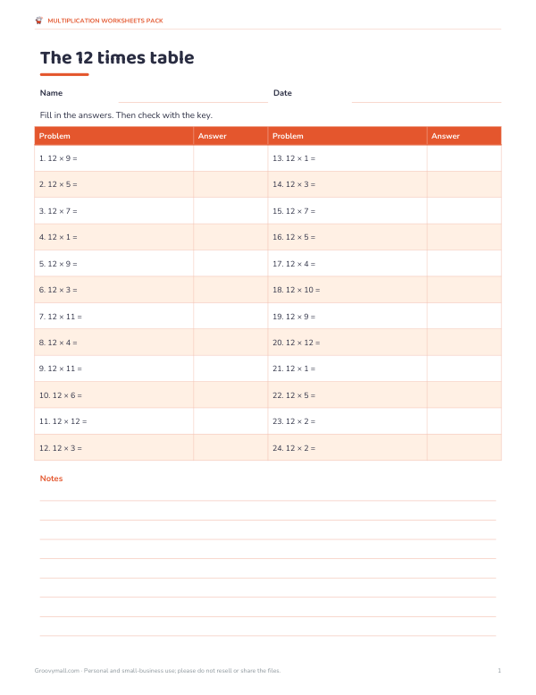 Preview of Printable 12 Times Table Worksheet