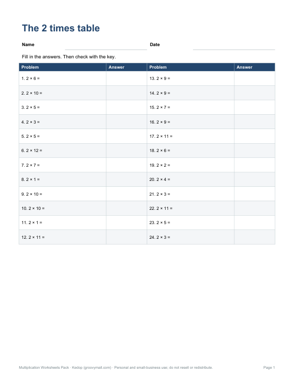 Preview of Printable 2 Times Table Worksheet