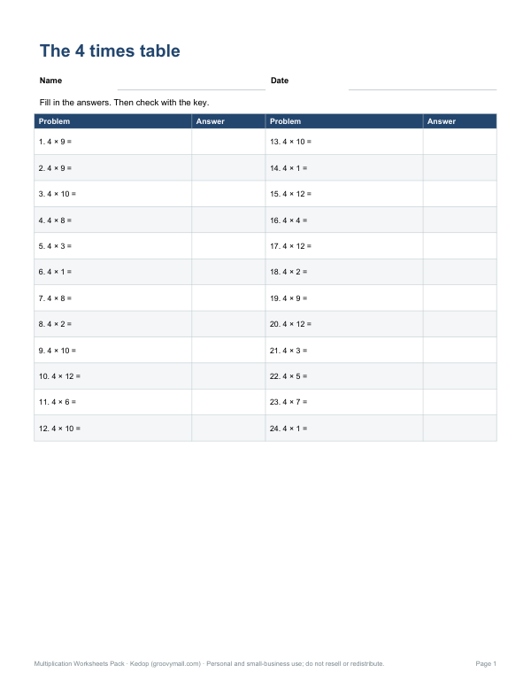 Preview of Printable 4 Times Table Worksheet